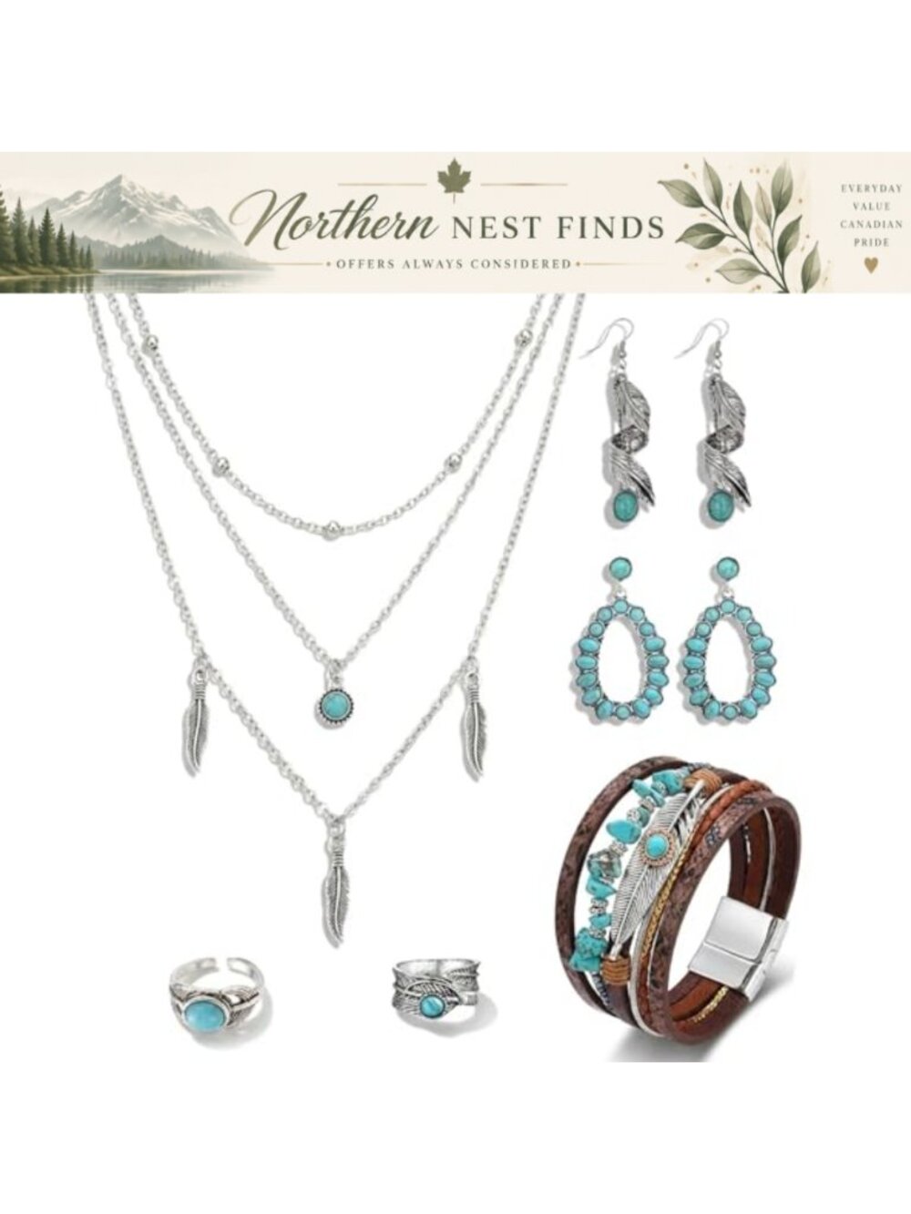 Boho Western Jewelry Set Turquoise Necklace Feather Earrings Leather Bracelet
